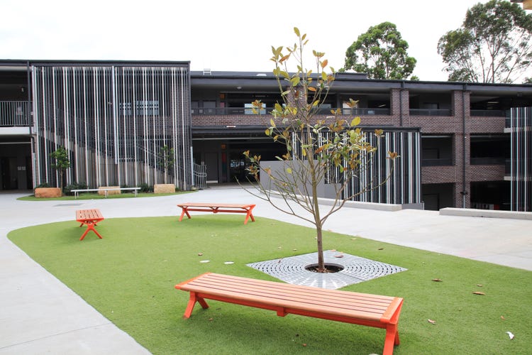 Grassed and concrete areas with sitting benches in front of school buildings